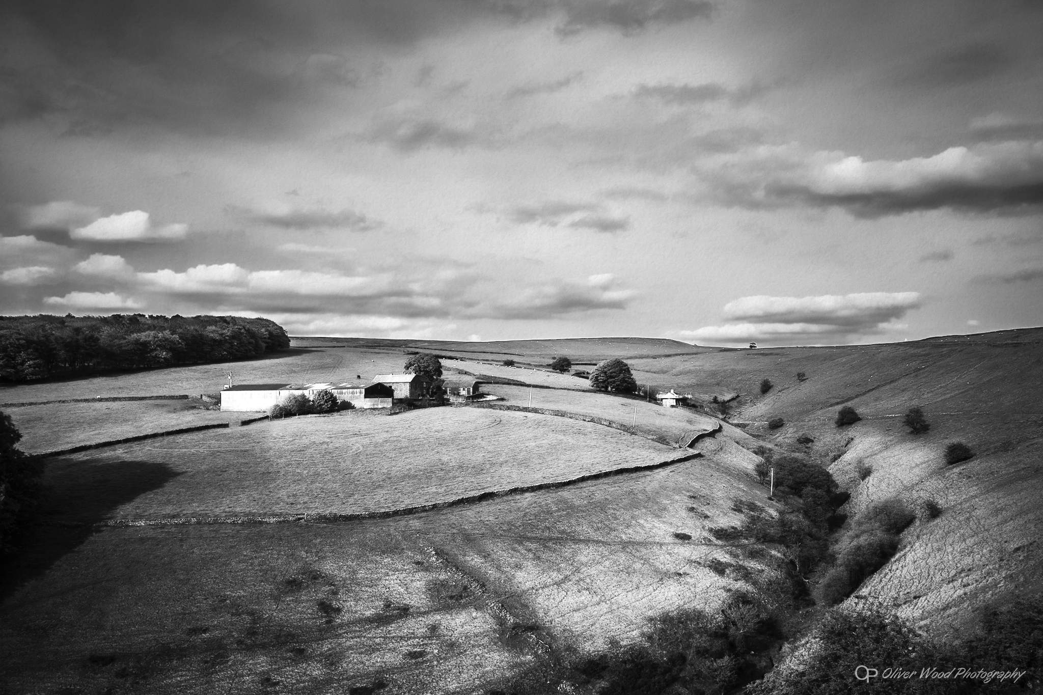 Black and white image of buildings and hills. 