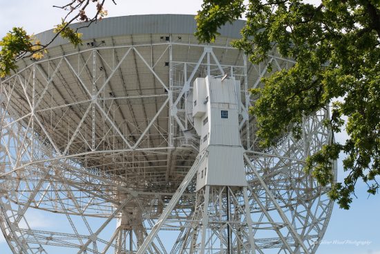 Jodrell Bank Telescope, white girders and blue sky with trees in the foreground.