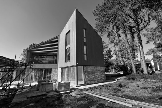 black and white image of an angular building with trees.