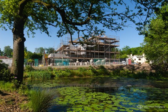 View of a building construction through trees