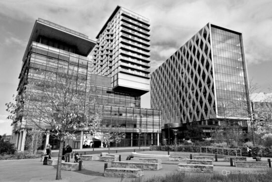 black and white image of tall buildings